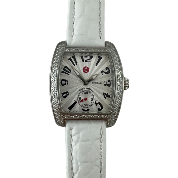 Michele Ladies Mini Urban Diamond Watch White Band Silver Dial #13765 - Picture 1 of 13